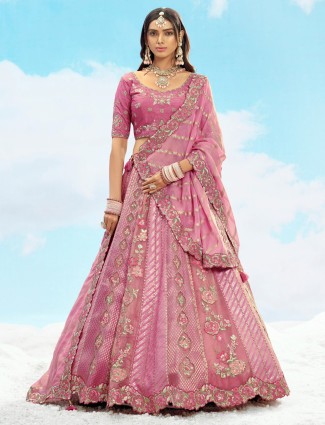 Pink silk unstitched lehenga choli for women