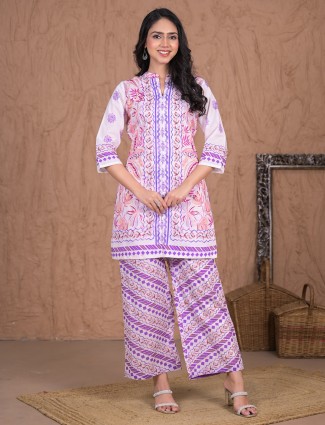 Purple printed palazzo kurti set in cotton silk