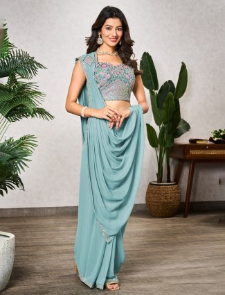 Wedding style light blue shimmer georgette saree