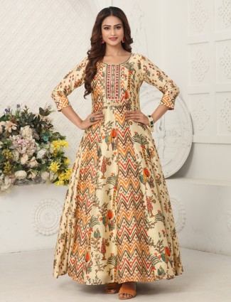Elegant cream dola silk floor length anarkali suit
