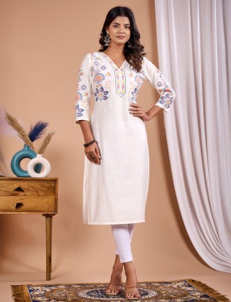 Off white cotton silk embroidery kurti