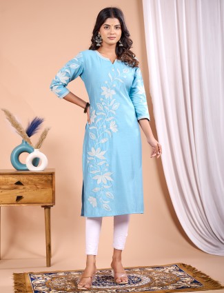 Sky blue embroidery silk kurti