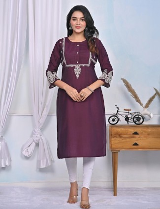 Wine embroidery cotton silk kurti