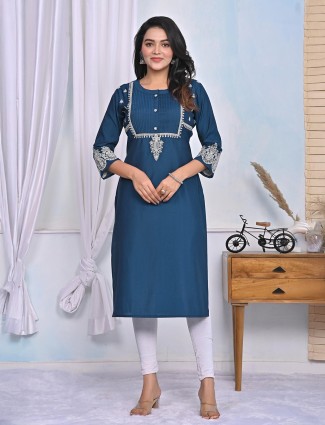 Latest teal blue cotton silk kurti