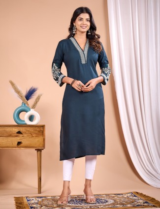 Blue silk embroidery kurti for casual