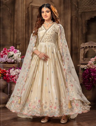 Cream anarkali suit for women in tissue silk