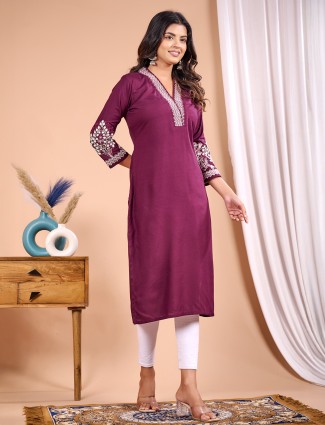 Wine embroidery silk kurti for women