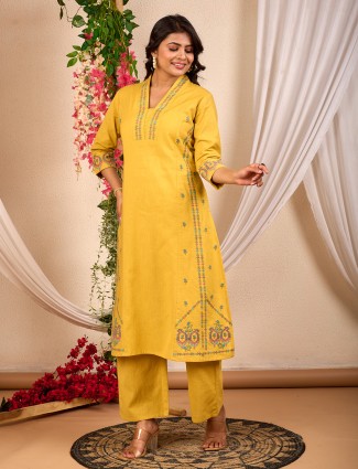 Yellow cotton embroidery kurti set