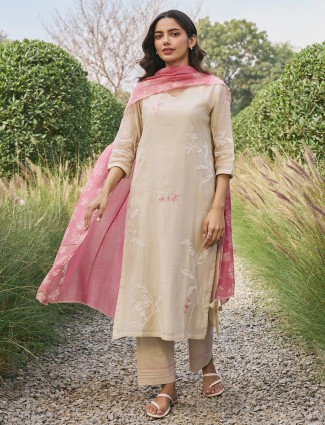 Beige muslin cotton salwar suit with pant for festive wear