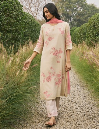 Beige salwar suit for women in muslin cotton