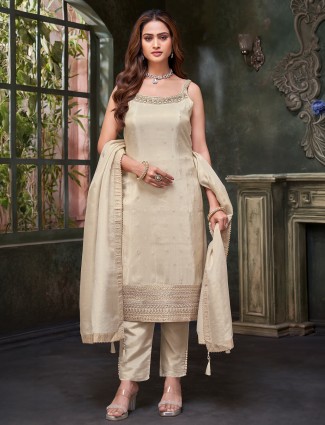 Classic beige silk anarkali suit for women