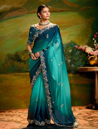 Blue satin silk saree with gradient pattern