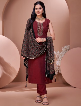 Rich maroon silk anarkali suit with black print