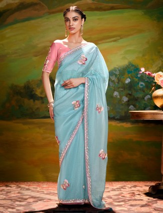 Mint blue chiffon saree for party wear