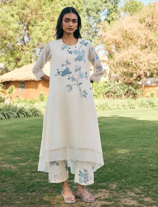 Off white printed muslin cotton salwar suit