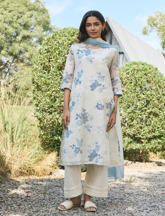 Printed off white saree in georgette with ready made blouse