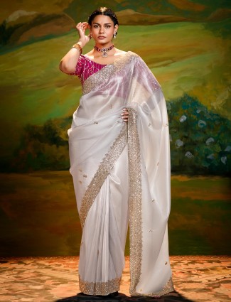 Off White tissue silk saree with resham embroidery