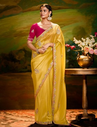 Yellow tissue silk saree for festive wear