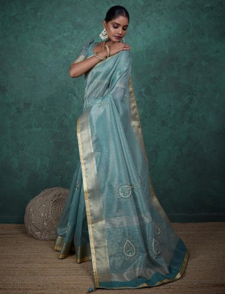 Classic blue linen tissue silk saree