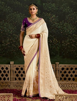 Cream dola silk saree for wedding occasions