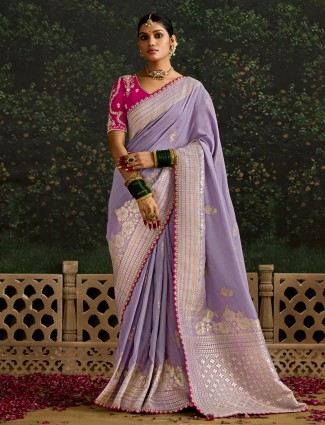 Light purple dola silk saree with contrast blouse for women