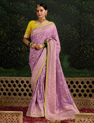Lilac purple dola silk saree adorned with zari work