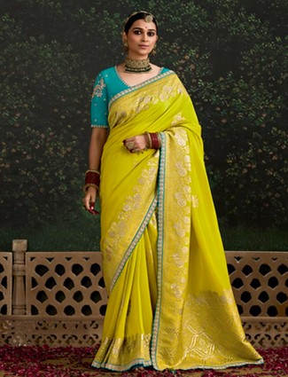 Lime yellow dola silk saree for festive wear