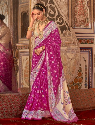 Magenta silk printed saree with zari embellishments
