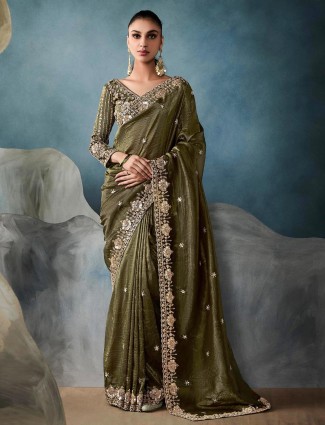 Mehendi green tissue silk saree with cutdana embellishments