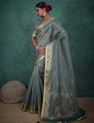 Georgous mint blue saree in linen tissue silk