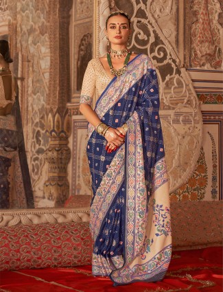 Navy silk printed saree perfect for weddings