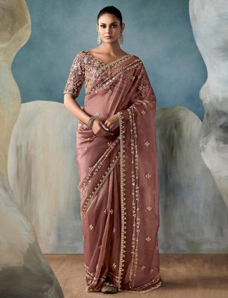 Onion pink tissue silk saree with sequins detailing