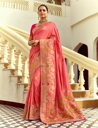 Peach silk saree with stunning zari work