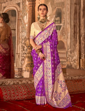 Purple printed silk saree ideal for wedding attire