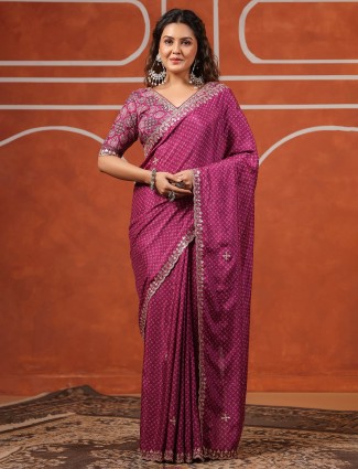 Deep purple muslin saree with statement prints