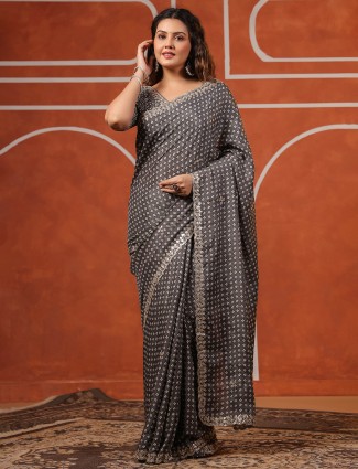 Chic grey muslin saree designed for modern women