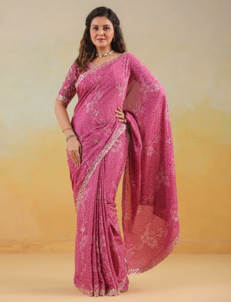 Rani pink muslin saree with designer print work