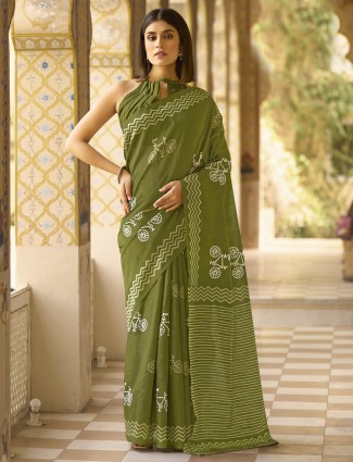 Mocha green printed saree in bhagalpuri silk for women
