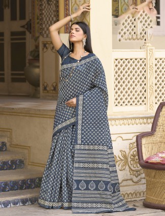 Printed dark grey saree in bhagalpuri silk for women
