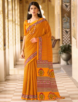 Printed yellow bhagalpuri silk saree