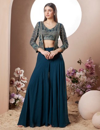 Regal navy georgette palazzo outfit with chic jacket