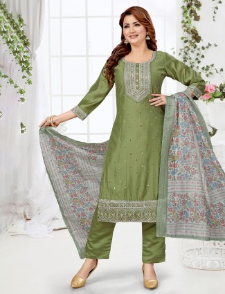 Olive silk pakistani style salwar suit for women