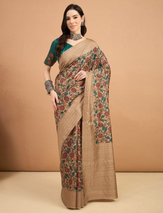Beige cozy silk printed saree for festivsl