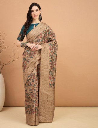 Beige cotton silk saree with attractive print
