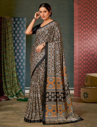 Black crepe saree with ajrakh prints