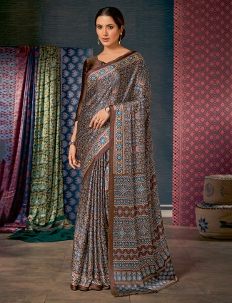 Brwon crepe ajrakh printed saree