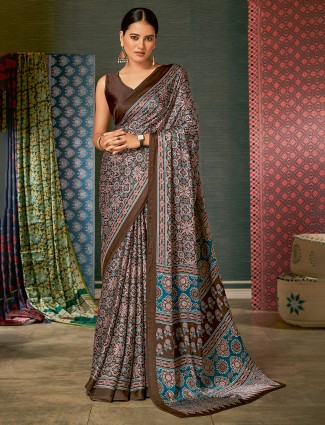 Brown printed crepe saree for festival