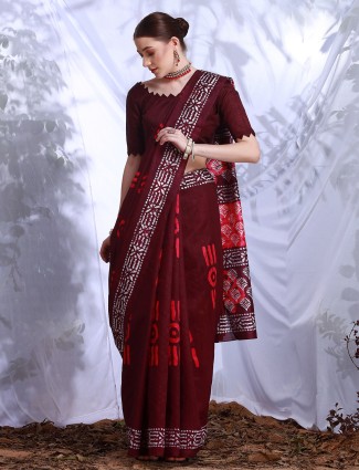 Dark brown bhagalpuri silk saree with prints