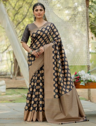 Beige and black kozi silk printed saree