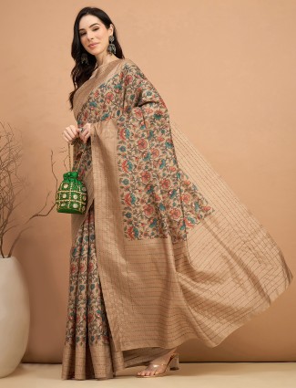 Beige printed cozi silk saree with aesthetic beauty